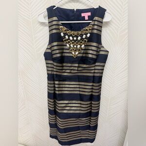 Lilly Pulitzer Embellished Jewled Fitted Navy Gold Silver Stripe Cocktail Dress